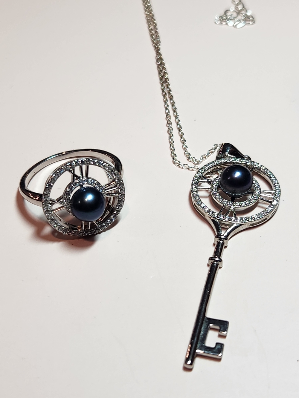 Vantell Pearls Silver Time/KeyBlue Pear Pendant And Ring NWT Size 8.5